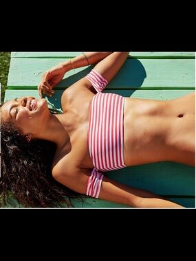Aerie Coral and gold striped bikini
